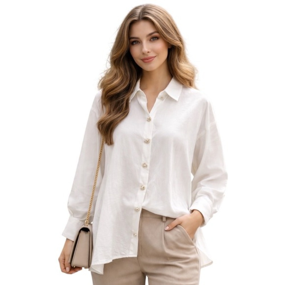 ZARA Oversized White Long Sleeve Shirt Jewel Embellished Collar Cuff Chic 74-48